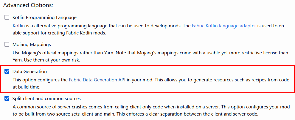 Das aktivierte "Data Generation" Kontrollkästchen beim Vorlagengenerator