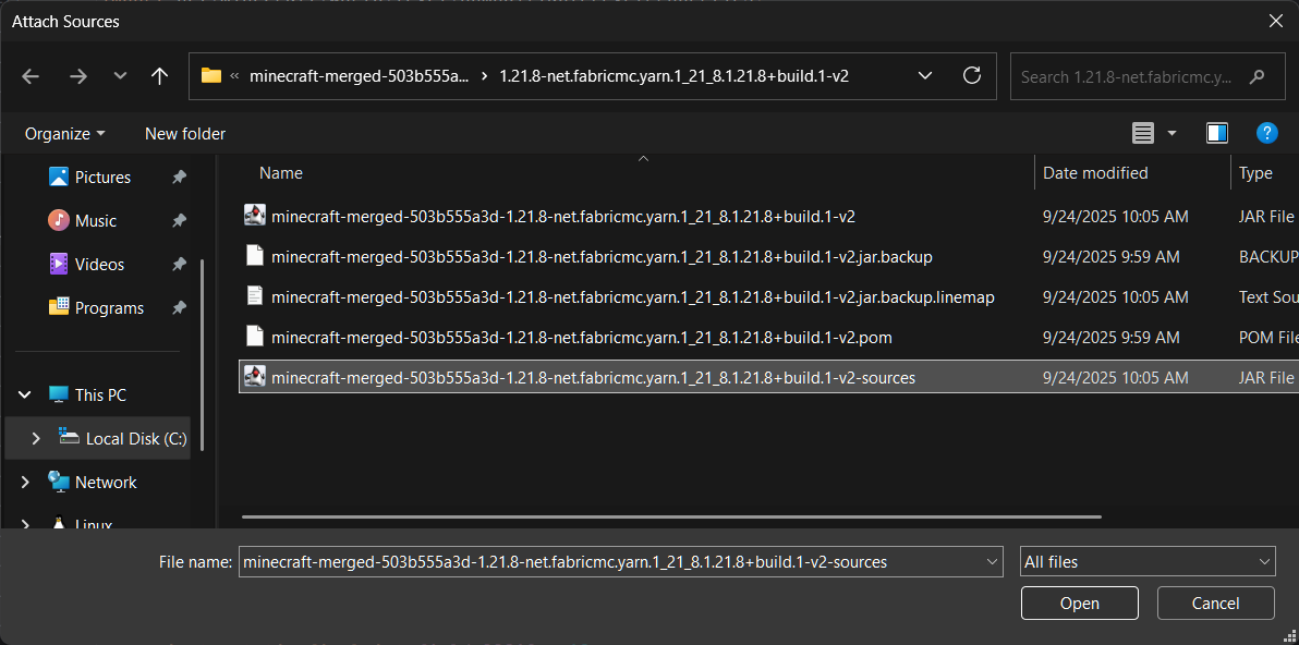 Finestra per scegliere le sorgenti