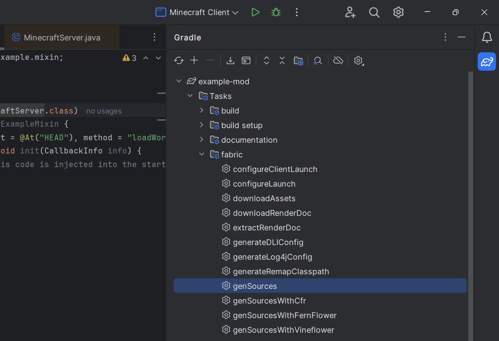 Attività genSources nel pannello Gradle