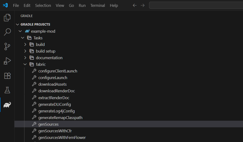genSources-Aufgabe in der Gradle-Ansicht