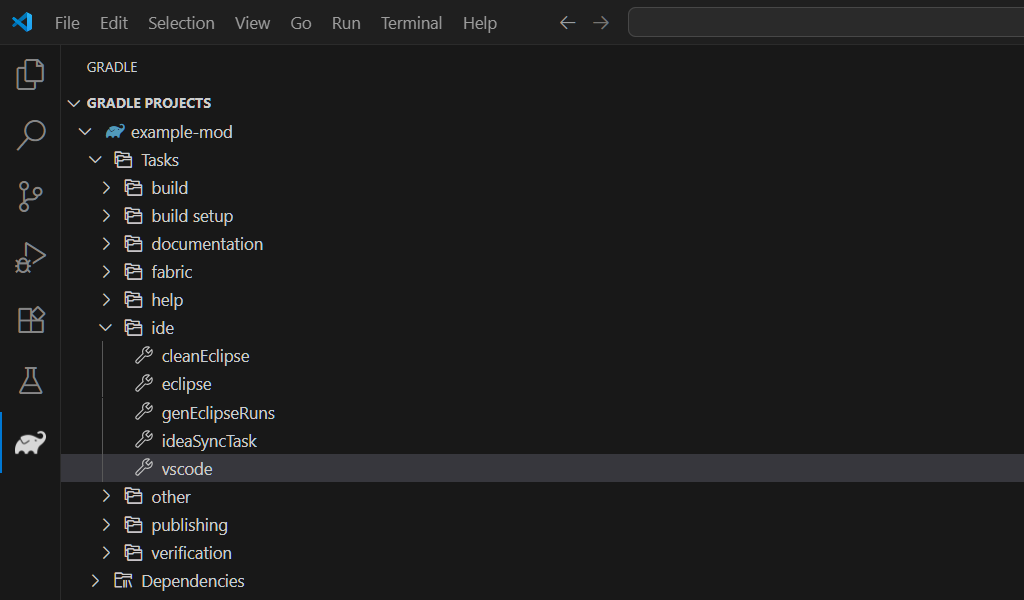 Attività vscode nella vista Gradle