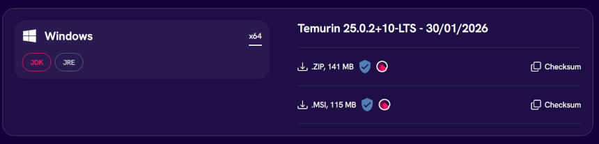 Adoptium download page with Windows Installer (.msi) highlighted